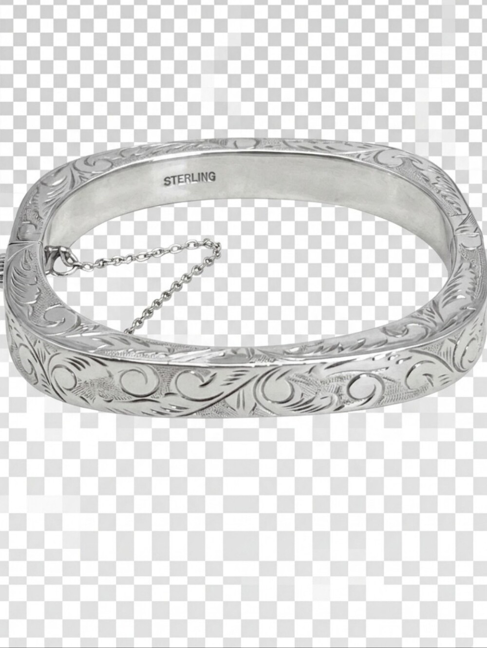 Vtg MCM Sterling Silver Engraved Floral Scroll Pattern Oval Bangle Bracelet